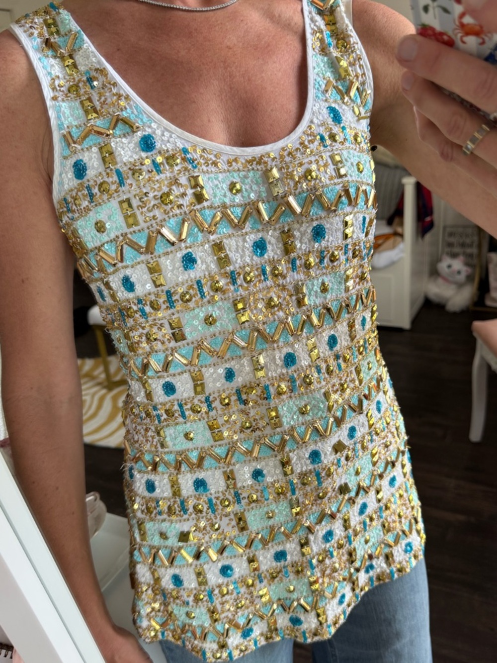 Boston Proper Beaded Sequin Tank Top Gold Aqua Resort Luxe Yacht Club Glam Sz S